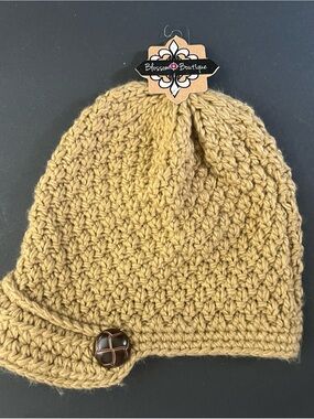 Blossom Boutique Camel Knit Brim Hat with Button Detail NWT